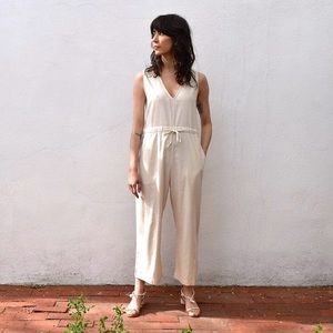 Ali Golden Silk Noil Slit Back Jumper Jumpsuit in Cream